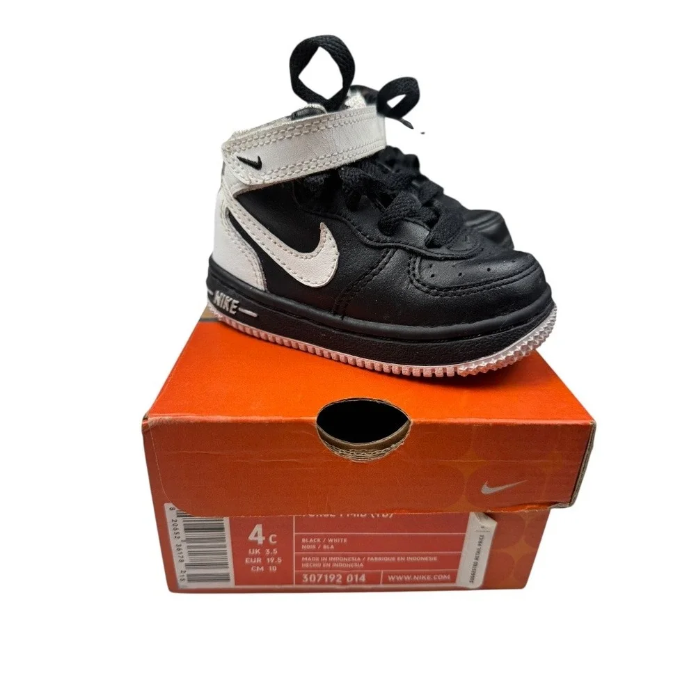 Nike Force 1 Mid TD Toddler Shoes‎ Black White Sneakers Size 4C Baby SU